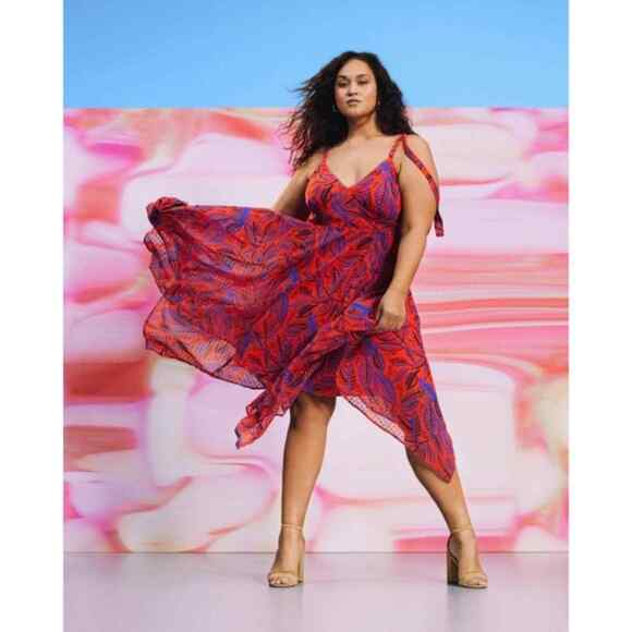 NWT Alexis Target Red Blue Plus Tie Strap Tropical Leaf Asymmetrical Dress 4X - Picture 1 of 13